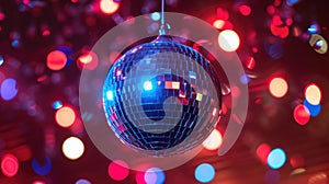 Disco mirror ball with colorful bokeh lights in the background