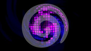 Disco mirror ball in purple colors surrounded by dark light stripes, seamless loop. Design. Spinning retro pixelated