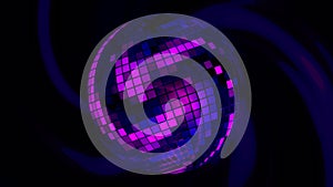 Disco mirror ball in purple colors surrounded by dark light stripes, seamless loop. Design. Spinning retro pixelated