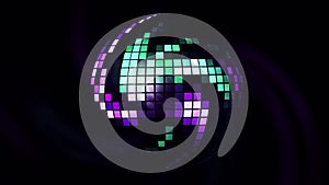Disco mirror ball in purple colors surrounded by dark light stripes, seamless loop. Motion. Spinning retro pixelated