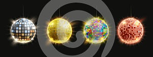 Disco mirror ball. Retro party club decoration silver, golden, rainbow and bronze shining balls isolated vector illustration set
