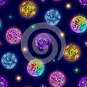 Disco mirror balls party vector seamless pattern background