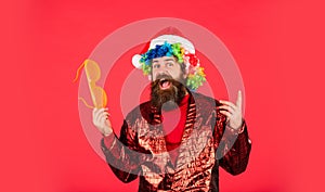 Disco music. Warmest greetings this season. Bearded man celebrate christmas. Christmas party entertainment. Christmas