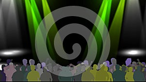 Disco party background with green light rays and a group of young people dancin