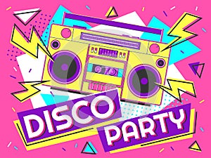 Disco party banner. Retro music poster, 90s radio and tape cassette player funky colorful design vector background