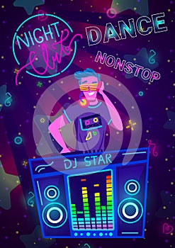 Disco party, dj banner, set club, night template background, music, nightlife event, design, cartoon style vector