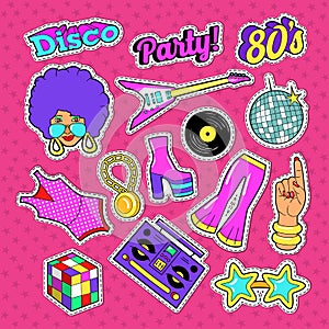 Disco Party Doodle. Music Fashion Set with Woman, Guitar and Trendy Elements. Stickers, Badge and Patch