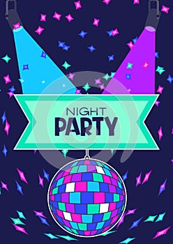 Disco party flyer or concert poster. Colored background.