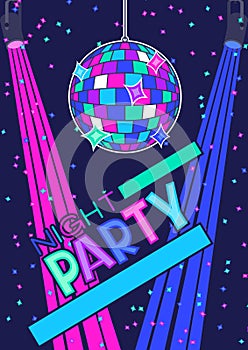 Disco party flyer or concert poster. Colored background.