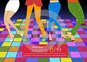 Disco party flyer. Feet of people dancing on club party. Unrecognizable