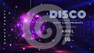 Disco party poster. Dance and music night party flyer with 80s disco ball and light effects. Vector celebration with