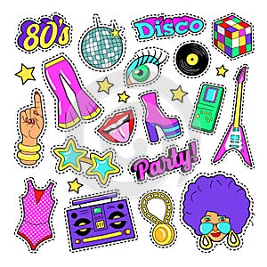 Disco Party Retro Fashion Elements with Guitar, Lips and Stars for Stickers, Patches, Badges