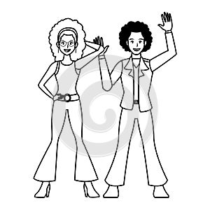 Disco people cartoon in black and white
