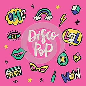 Disco pop 90s stile doodle sticker set