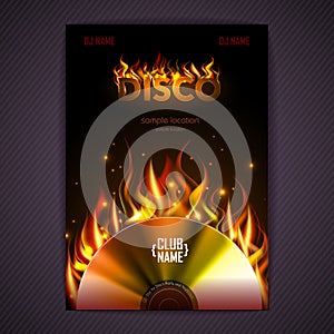 Disco poster. fire background. Burning Disck or record