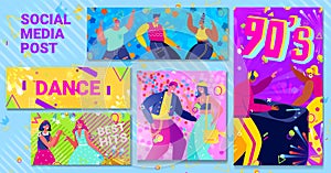 Disco retro post, dance banner, party music people, flyer poster, woman bright club, design, cartoon style vector