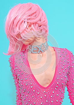 Disco Sexy Lady. Pink retro vibes. Back in 80s look. Clubbing glamour party fashion style