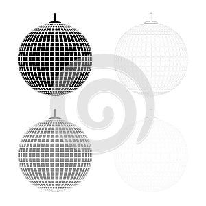 Disco sphere suspended on line rope Discotheque ball Retro night clubs symbol Concept nostalgic party icon outline set black grey