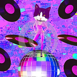 Disco Star Kitty in stylish vinyl space. Contemporary art collage. Party, music, nightlife clubbing concept