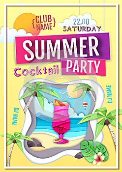 Disco summer cocktail party poster. Paper cut out art style design