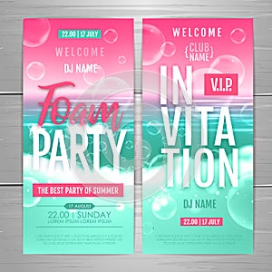 Disco summer foam party poster.  Soap foam with soap rainbow bubbles. Invitation design.