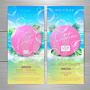 Disco summer foam party poster.  Soap foam with soap rainbow bubbles. Invitation design.=