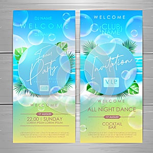 Disco summer foam party poster.  Soap foam with soap rainbow bubbles. Invitation design.