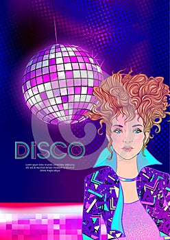 Disco time Party design template with fashion girl