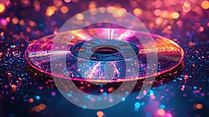 Disco vinyl disc illuminated by vibrant lights