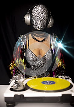 Disco woman with headphones Djing