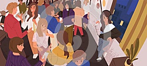 Discomfort in crowd flat vector illustration. Lonely introvert girl among people. Mental health, psychology