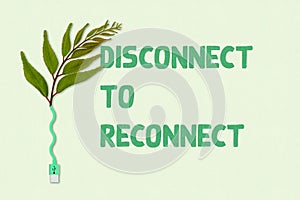 Disconnect to reconnect to nature and self, green leaf plant connected to unplugged USB