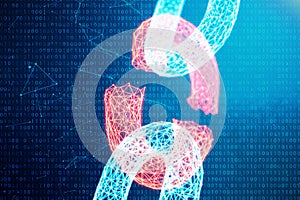Disconnected, broken chain, digital block chain technology. Cryptocurrency, concept of digital code. Block chain concept