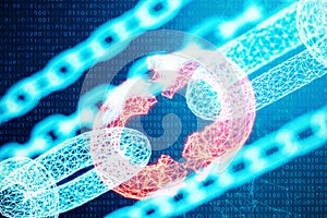 Disconnected, broken chain, digital block chain technology. Cryptocurrency, concept of digital code. Block chain concept