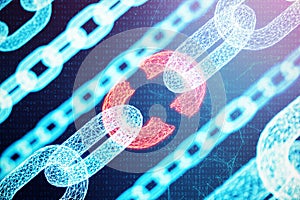 Disconnected, broken chain, digital block chain technology. Cryptocurrency, concept of digital code. Block chain concept