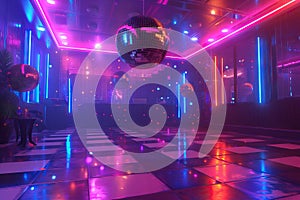 Discotheque with disco balls and colorful neon lights. Generative AI