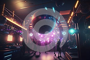 Discotheque in a nightclub, disco ball in neon light.AI generative illustration