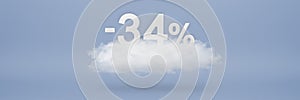 Discount 34 percent. Big discounts, sale up to thirty four percent. 3D numbers float on a cloud on a blue background