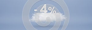 Discount 4 percent. Big discounts, sale up to four percent. 3D numbers float on a cloud on a blue background. Copy space