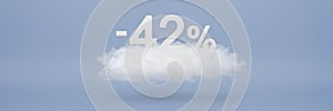 Discount 42 percent. Big discounts, sale up to forty two percent. 3D numbers float on a cloud on a blue background. Copy