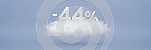 Discount 44 percent. Big discounts, sale up to forty four percent. 3D numbers float on a cloud on a blue background