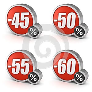 Discount 45% 50% 55% 60% sale 3d icon on white background