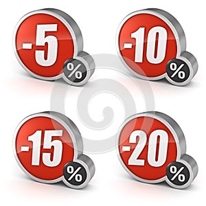 Discount 5, 10, 15, 20% sale 3d icon set on white background