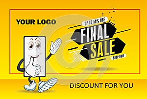 Discount 50 off Banner with smartphone character. Creative vector illustration of sale banner with phone mascot. Yellow, orange an