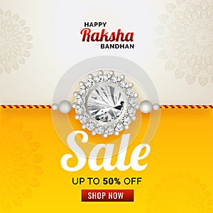 Discount 50% off sale banner with beautiful rakhi wristband on