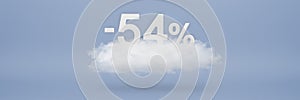 Discount 54 percent. Big discounts, sale up to fifty four percent. 3D numbers float on a cloud on a blue background