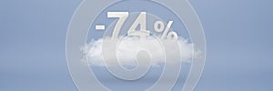Discount 74 percent. Big discounts, sale up to seventy four percent. 3D numbers float on a cloud on a blue background