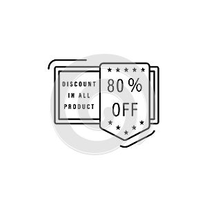 Discount in all products, 80% off icon. Simple line, outline vector of black friday icons for ui and ux, website or mobile