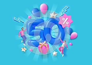 Discount banner. 50 percent mega sale. 3D numbers and presents. Special offer. Happy people fly with stars and balloons