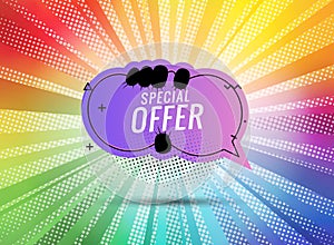 Discount banner shape. Special offer badge. Sale coupon bubble icon. Abstract color sunbeams background. Modern concept